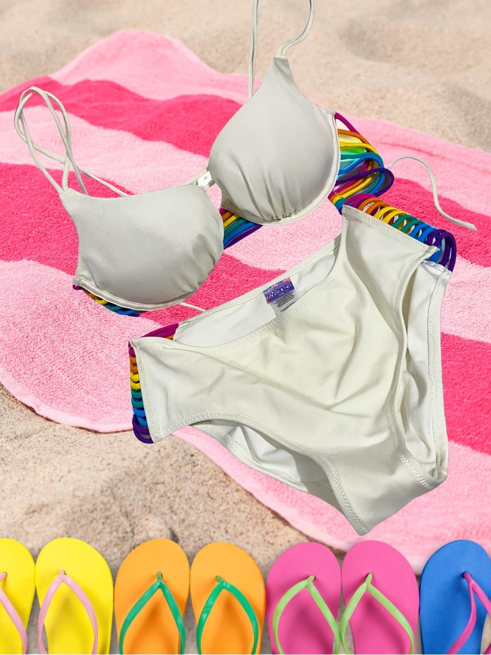 White Bikini Set with Rainbow Strap Accents